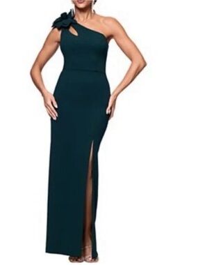 Xscape Teal One-Shoulder Gown with Floral Shoulder Applique